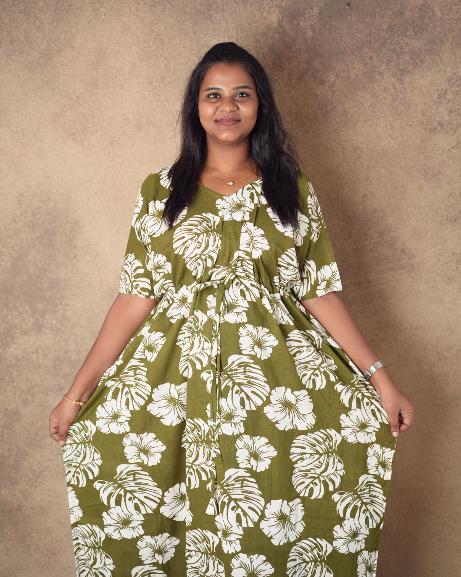 Olive Green Floral Pure Cotton kaftan - ALP008