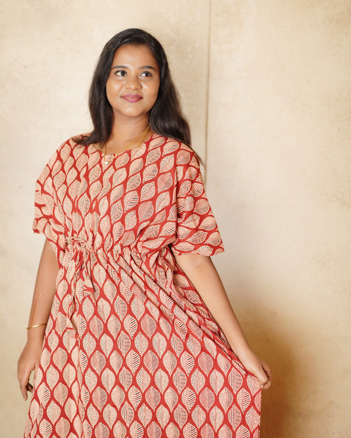 Maroon Wide Leaf Pure Cotton kaftan - ALP004